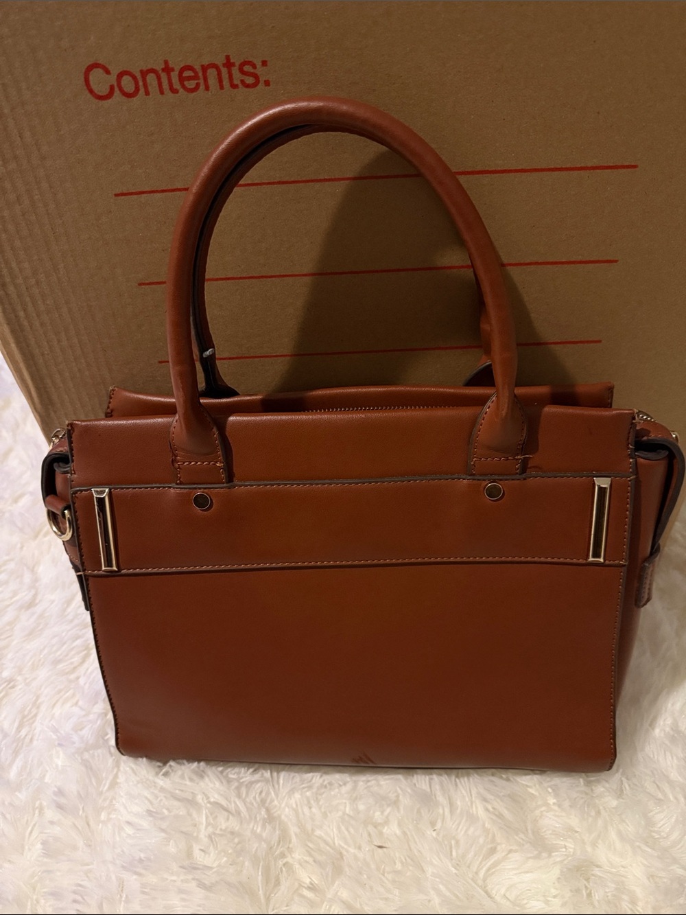 Structured Tan Leather Like Tote Handbag